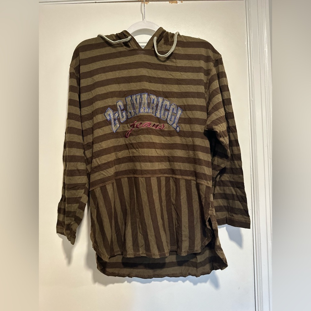 VTG 90s Z. Cavaricci Brown Striped Hooded Pullover Top. Embroidered Logo.